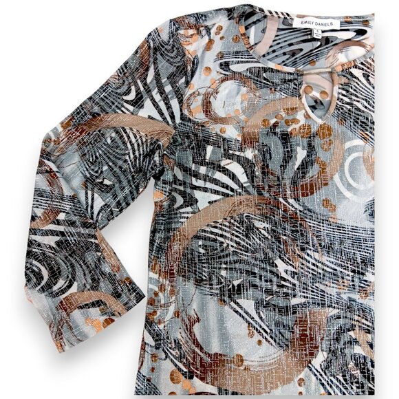 EMILY DANIELS-Women's Top-Brushed Abstract-3/4 Sleeve-SMALL-Black-Gray-Tan-White - Picture 4 of 15
